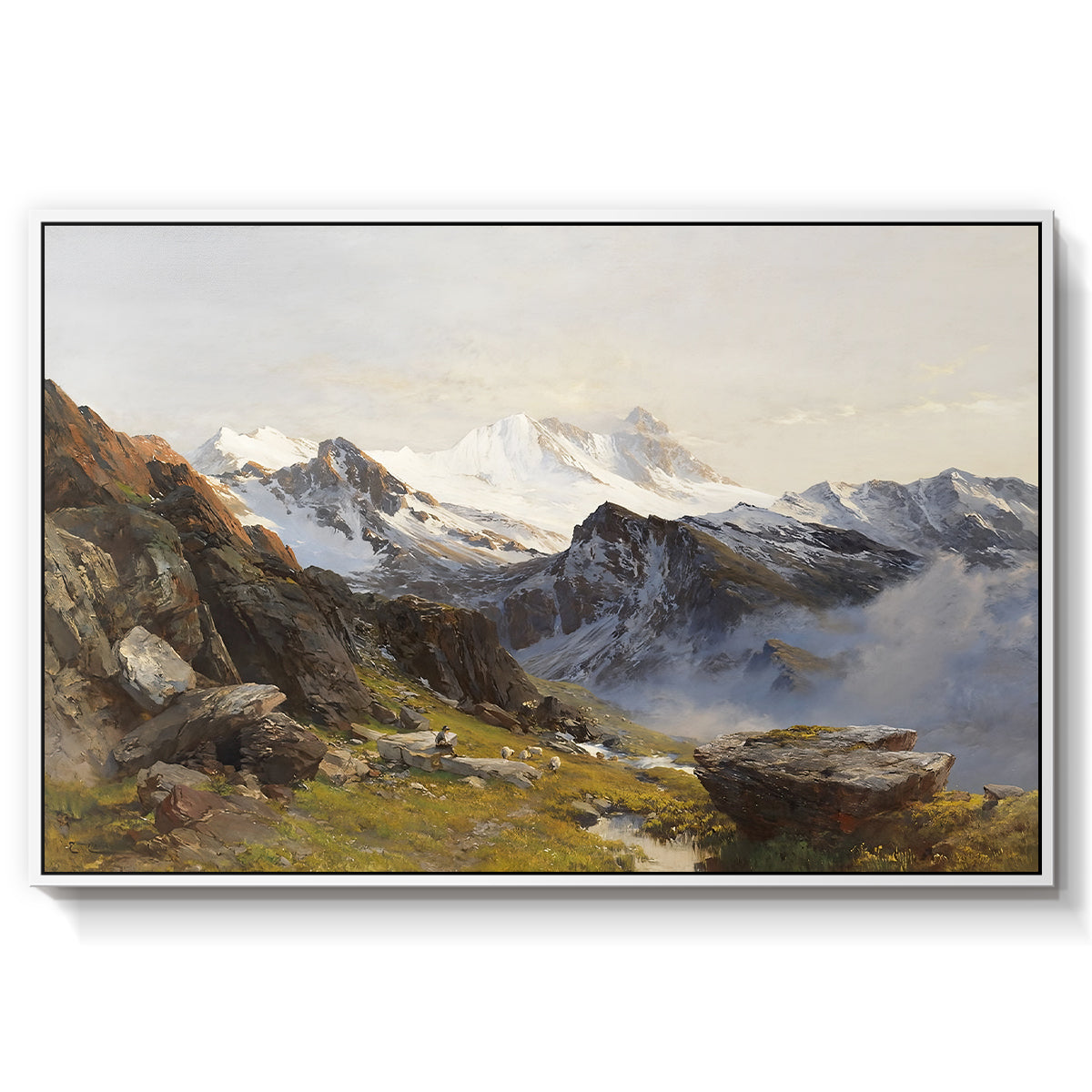 The Großglockner from the Prager Hut, 1890 by Edward Theodore Compton in a white floater framed canvas wall art display.