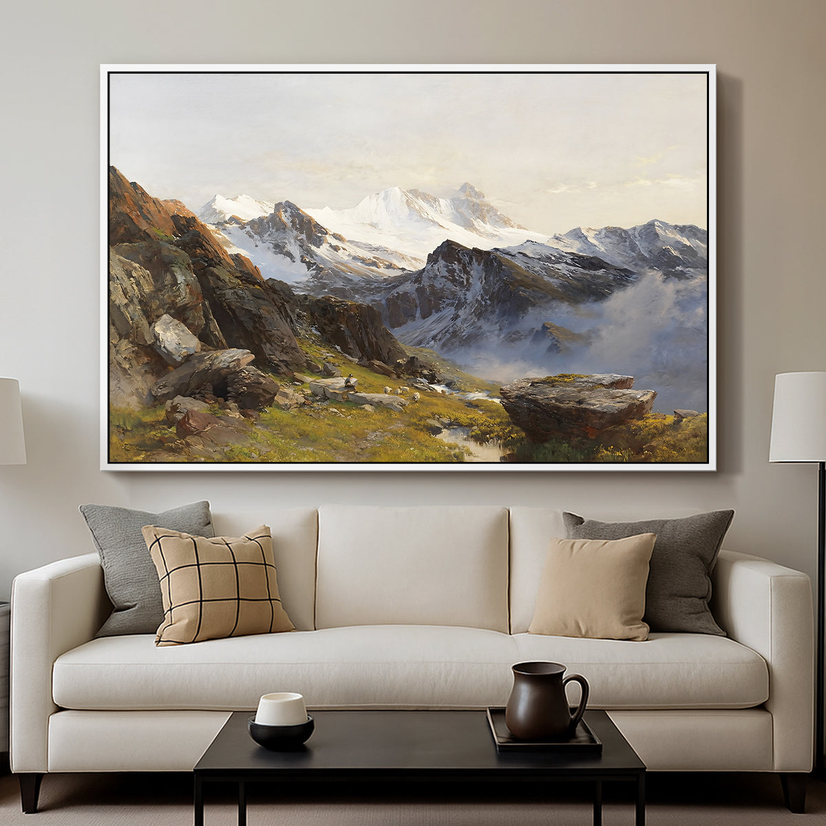 The Großglockner from the Prager Hut, 1890 by Edward Theodore Compton displayed in a white floater framed canvas above a sofa in a clean living room.