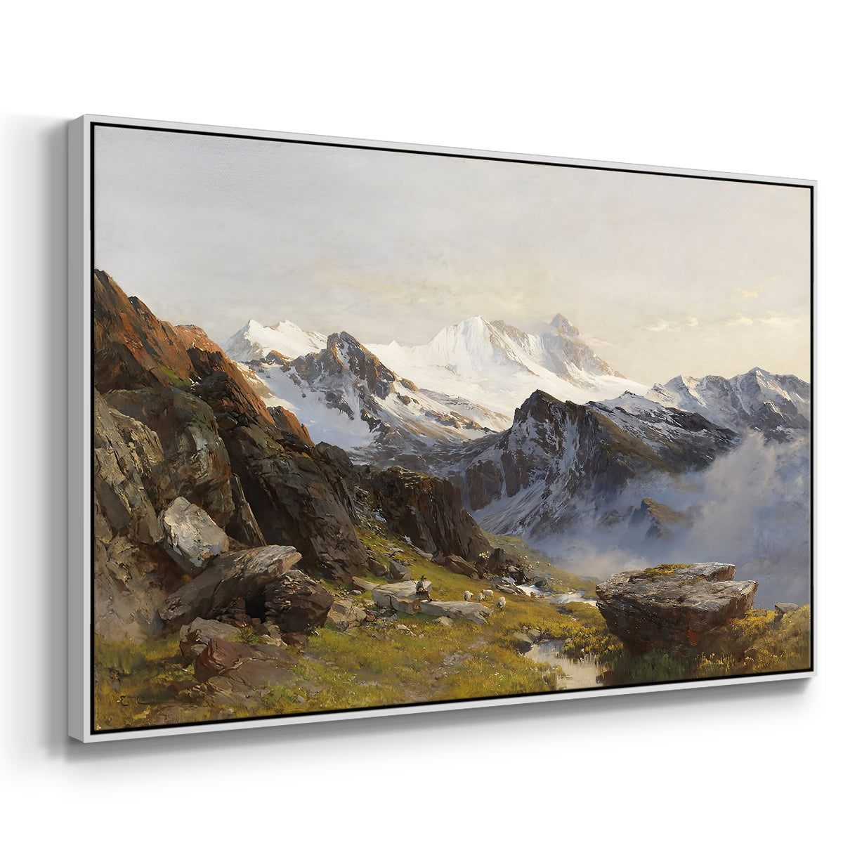 Angled view of The Großglockner from the Prager Hut, 1890 by Edward Theodore Compton in a white floater framed canvas.