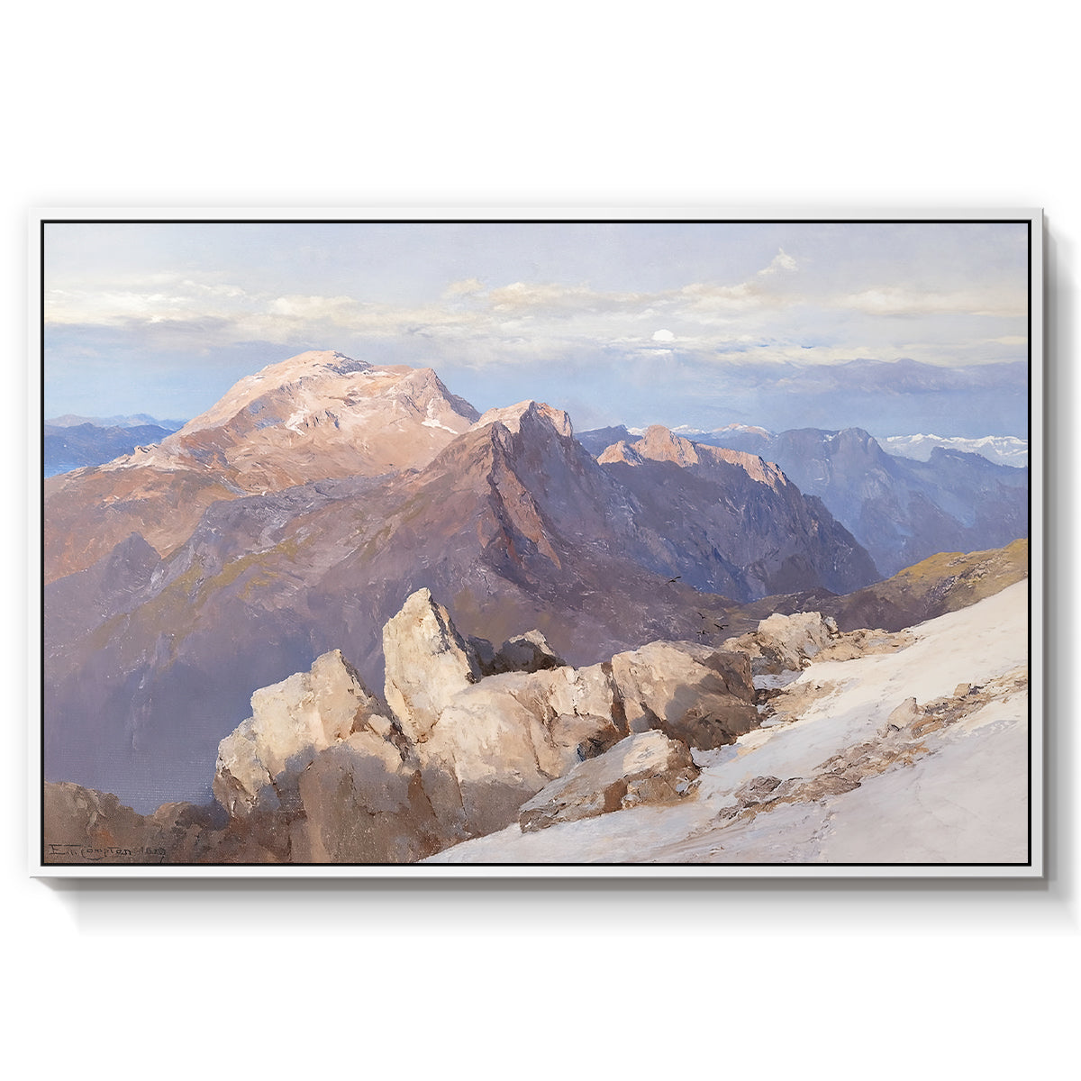 Hoher Göll from Watzmann-Hocheck, 1919 by Edward Theodore Compton in a white floater framed canvas wall art display.