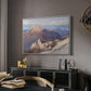 Hoher Göll from Watzmann-Hocheck, 1919 by Edward Theodore Compton in a white floater framed canvas featuring a high vantage point overlooking rugged mountain terrain, displayed above a desk in a dark home office interior.