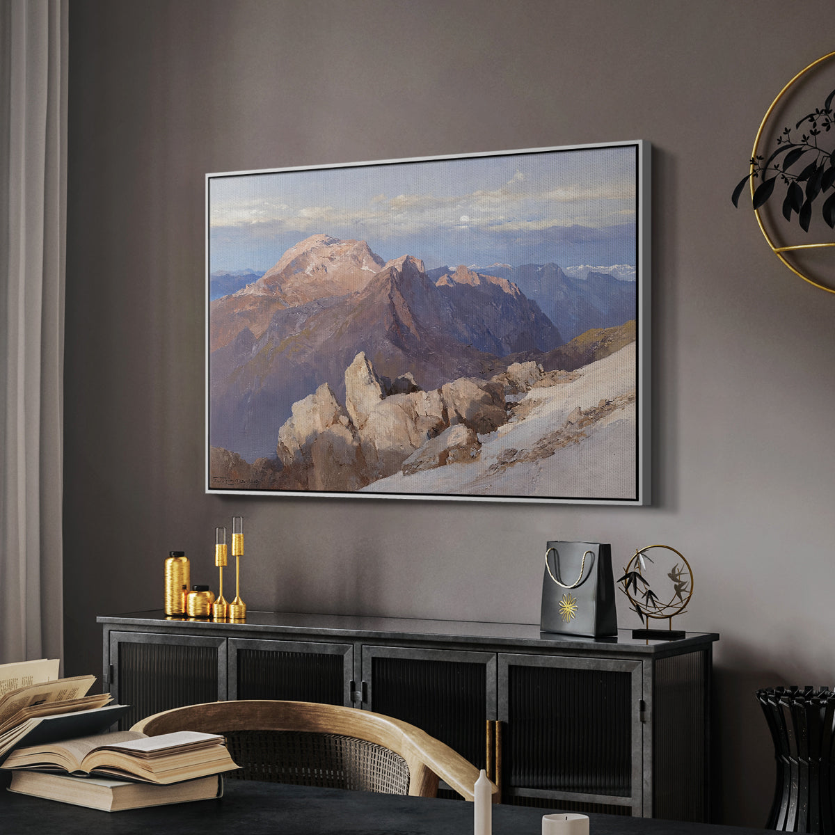 Hoher Göll from Watzmann-Hocheck, 1919 by Edward Theodore Compton in a white floater framed canvas featuring a high vantage point overlooking rugged mountain terrain, displayed above a desk in a dark home office interior.