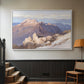 White floater framed canvas featuring an expansive mountainous landscape with natural depth, displayed in a hallway near a staircase.
