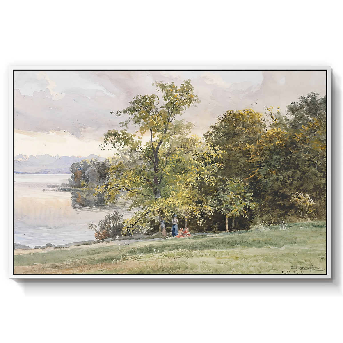 Landscape at Lake Starnberg, 1890 by Edward Theodore Compton in a white floater framed canvas wall art display.
