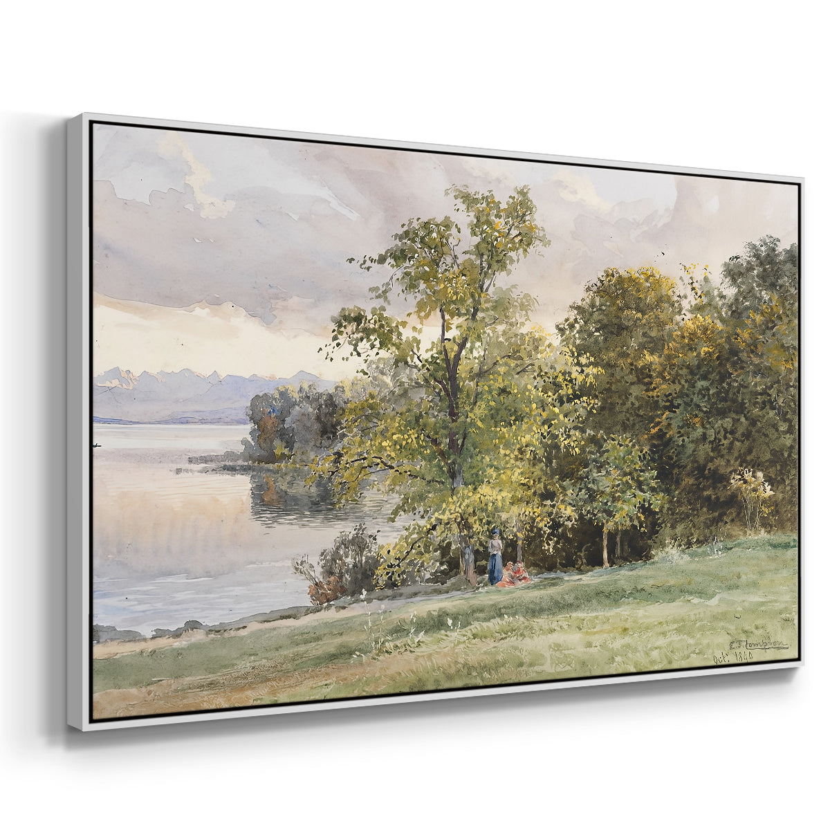 Angled view of Landscape at Lake Starnberg, 1890 by Edward Theodore Compton in a white floater framed canvas.