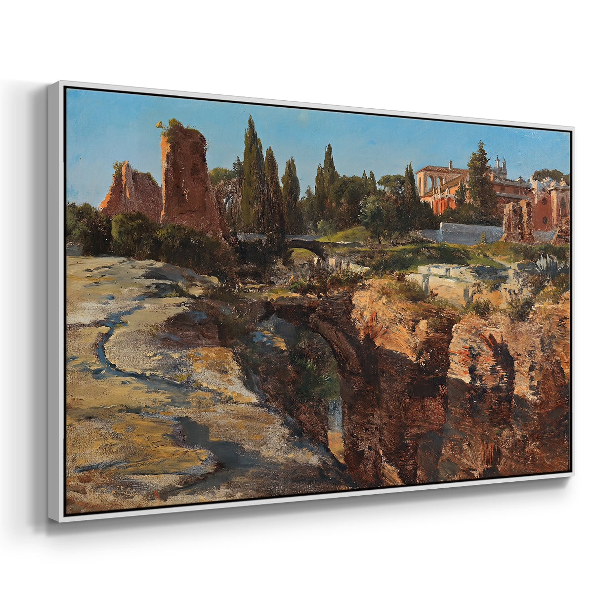 Angled view of Palatine in Rome, c. 1921 by Edward Theodore Compton in a white floater framed canvas.