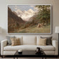 Landscape in the Caucasus, c. 1921 by Edward Theodore Compton displayed in a white floater framed canvas above a sofa in a clean living room.