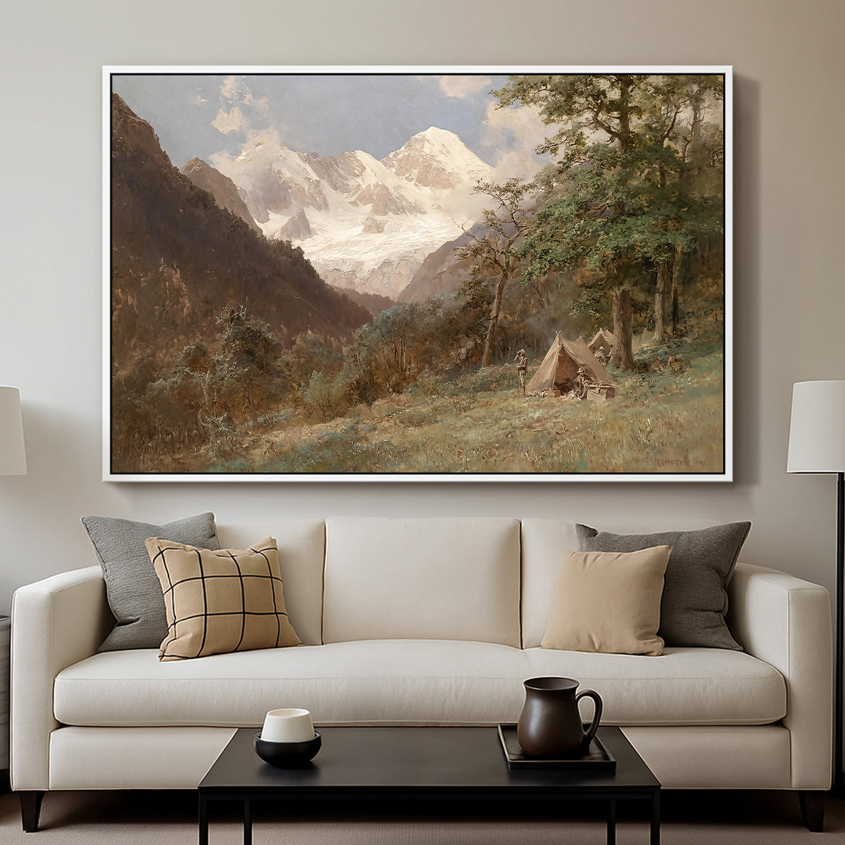 Landscape in the Caucasus, c. 1921 by Edward Theodore Compton displayed in a white floater framed canvas above a sofa in a clean living room.