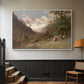 White floater framed canvas featuring a realistic depiction of remote mountain environment, displayed in a hallway near a staircase.