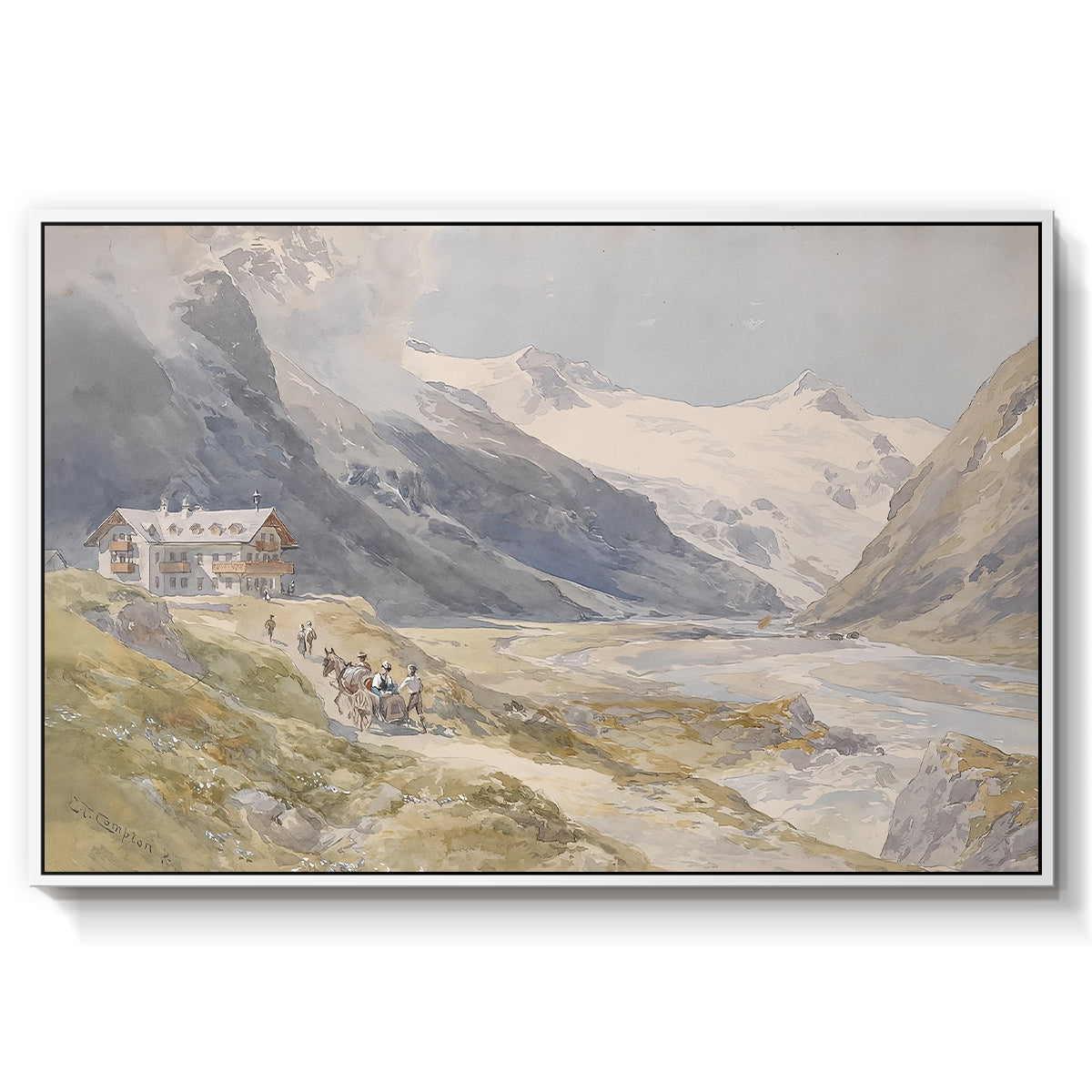 Shepherds (Pasterze), c. 1921 by Edward Theodore Compton in a white floater framed canvas wall art display.