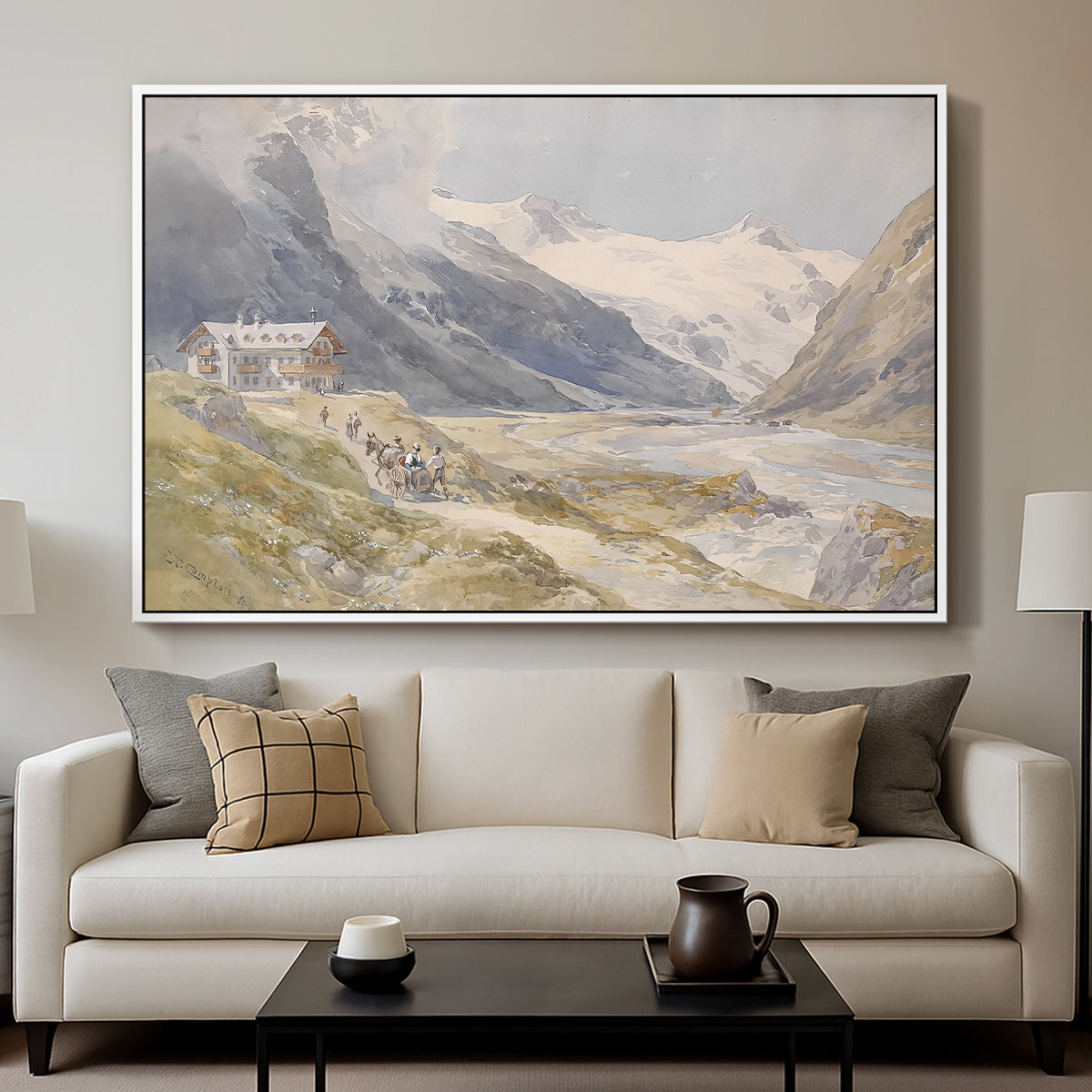 Shepherds (Pasterze), c. 1921 by Edward Theodore Compton displayed in a white floater framed canvas above a sofa in a clean living room.
