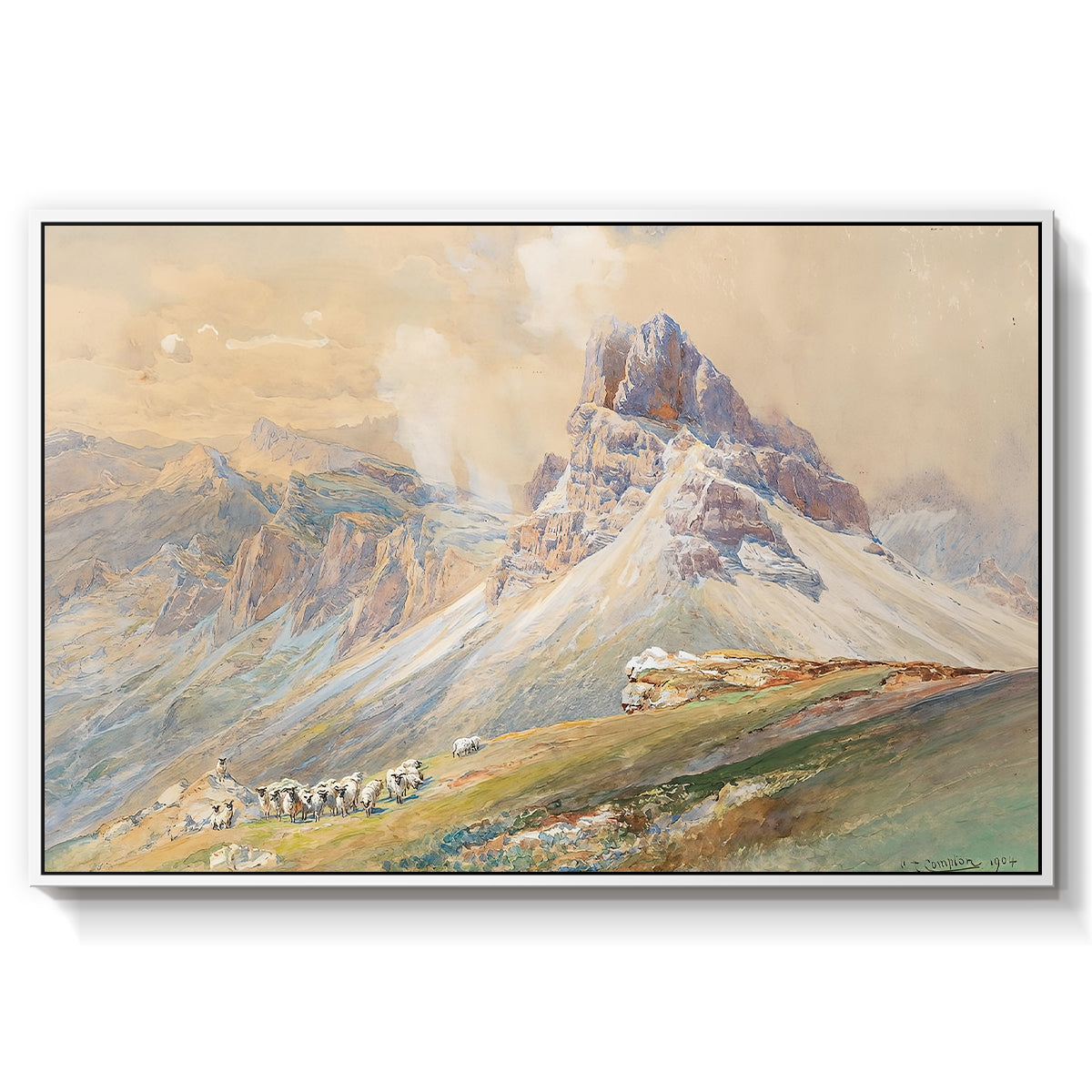 From the Dolomites, 1904 by Edward Theodore Compton in a white floater framed canvas wall art display.