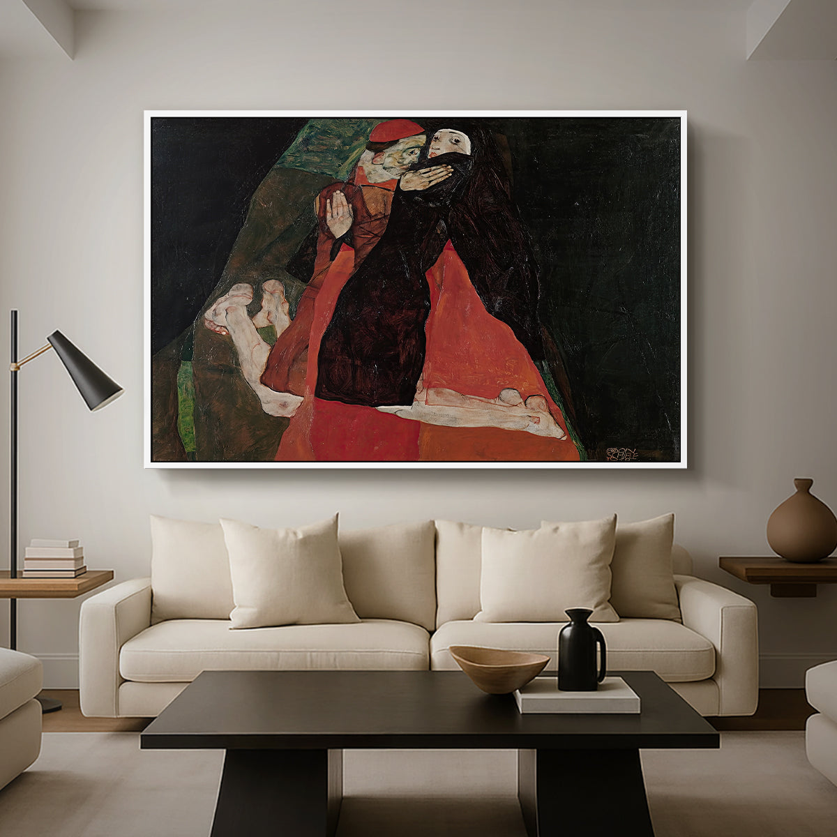 Cardinal and Nun (Caress), 1912 by Egon Schiele as a white floater framed canvas featuring two figures embracing intimately in stylized expressionist composition, displayed above a sofa in a modern living room.
