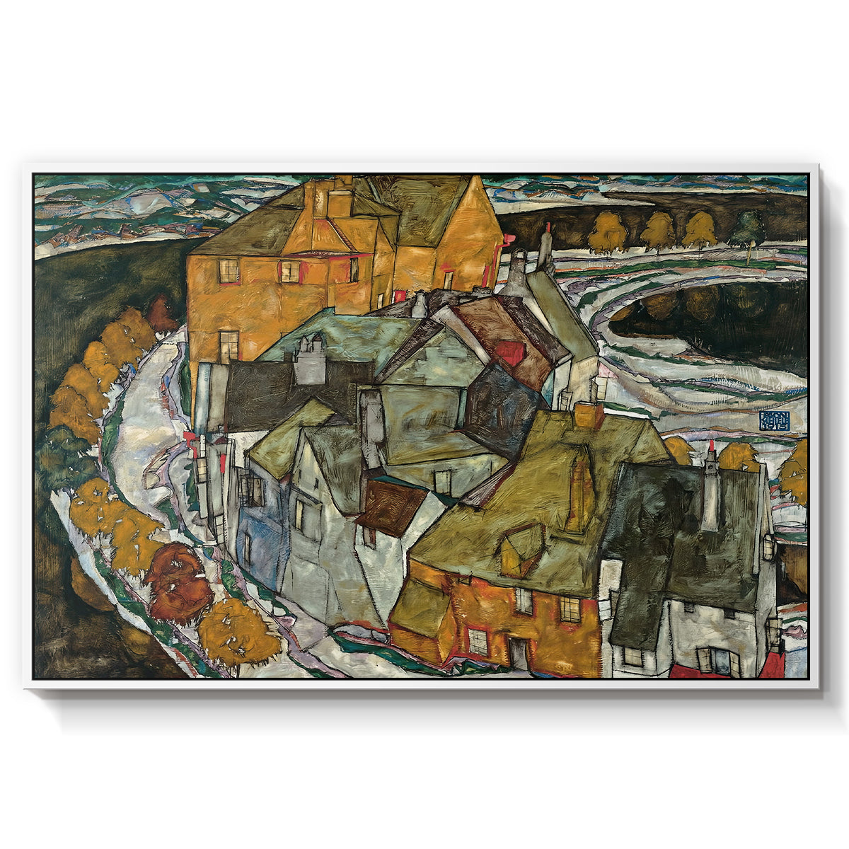 Crescent of Houses II (Island Town), 1915 by Egon Schiele in a white floater framed canvas wall art display.