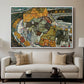 Crescent of Houses II (Island Town), 1915 by Egon Schiele displayed in a white floater framed canvas above a sofa in a clean living room.