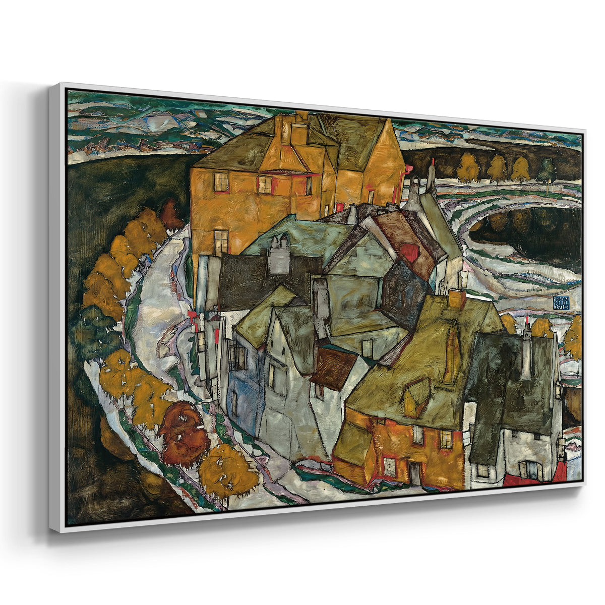 Angled view of Crescent of Houses II (Island Town), 1915 by Egon Schiele in a white floater framed canvas.