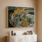 White floater framed canvas of Crescent of Houses II (Island Town), 1915 by Egon Schiele, featuring a stylized townscape with clustered buildings and bold outlines above a console cabinet in a minimalist entryway.