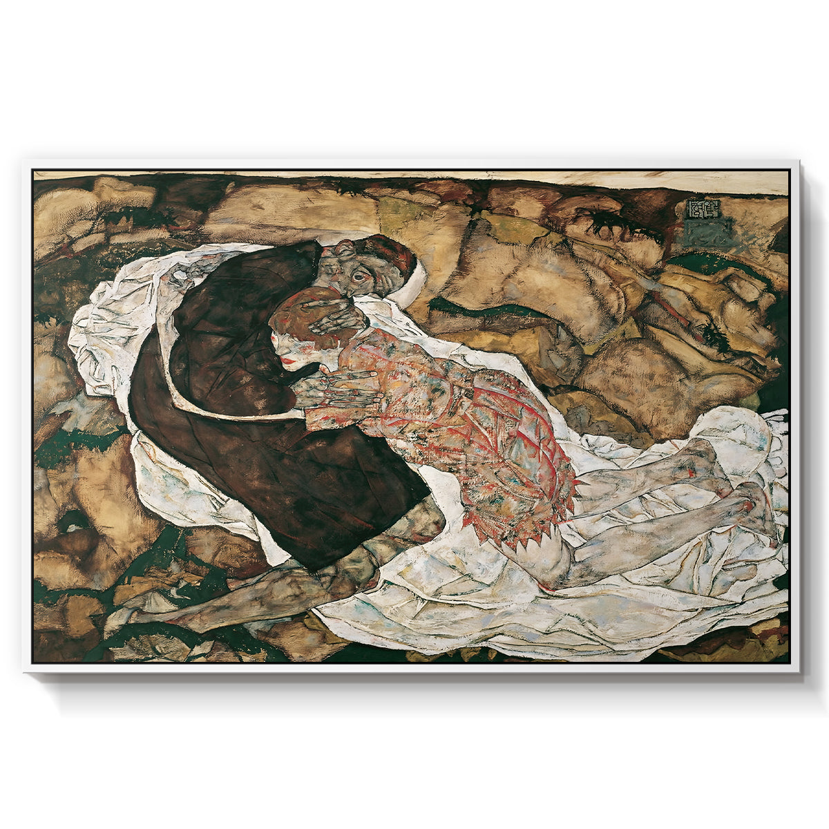 Death and the Maiden, 1915 by Egon Schiele in a white floater framed canvas wall art display.