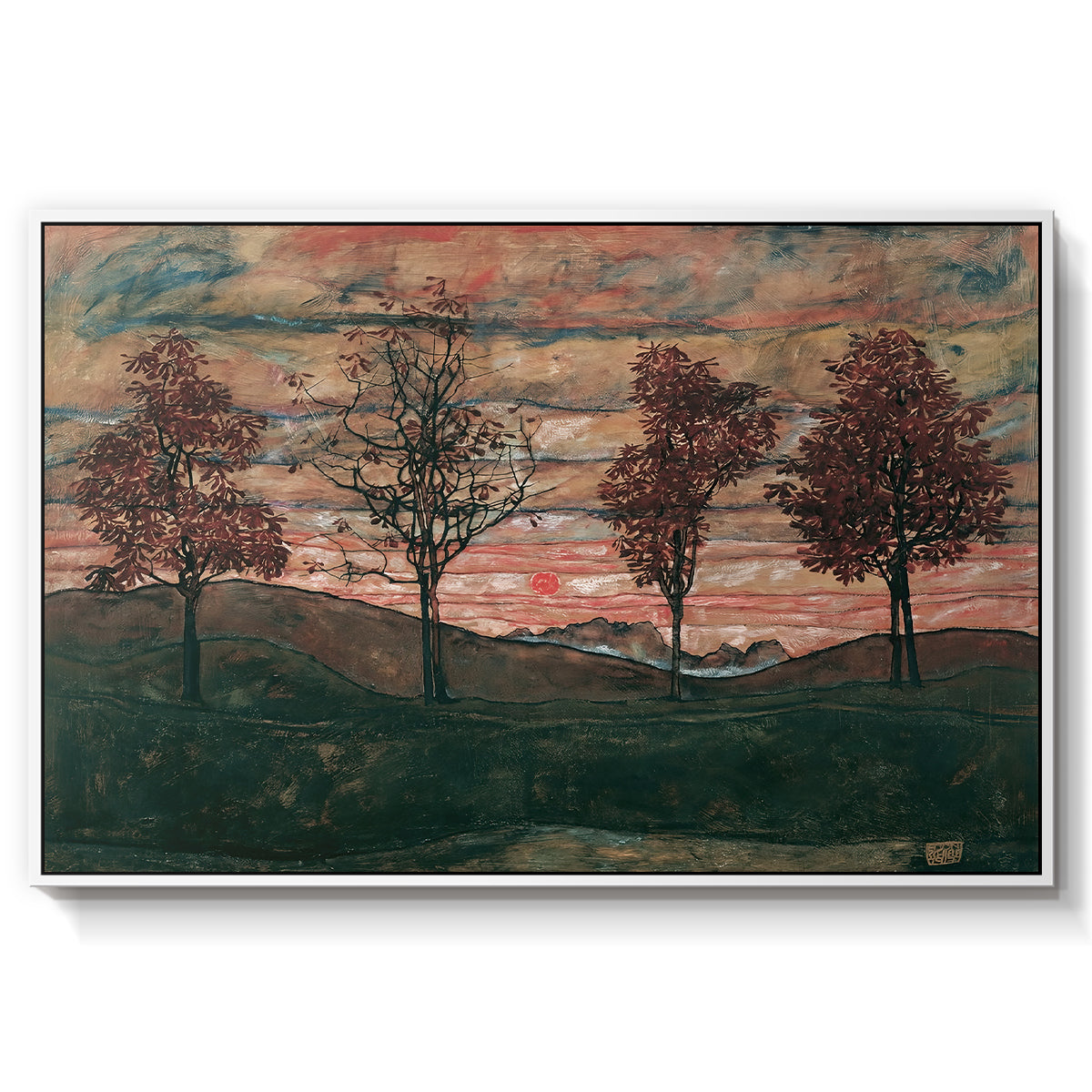 Four Trees, 1917 by Egon Schiele in a white floater framed canvas wall art display.