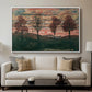 Four Trees, 1917 by Egon Schiele displayed in a white floater framed canvas above a sofa in a clean living room.