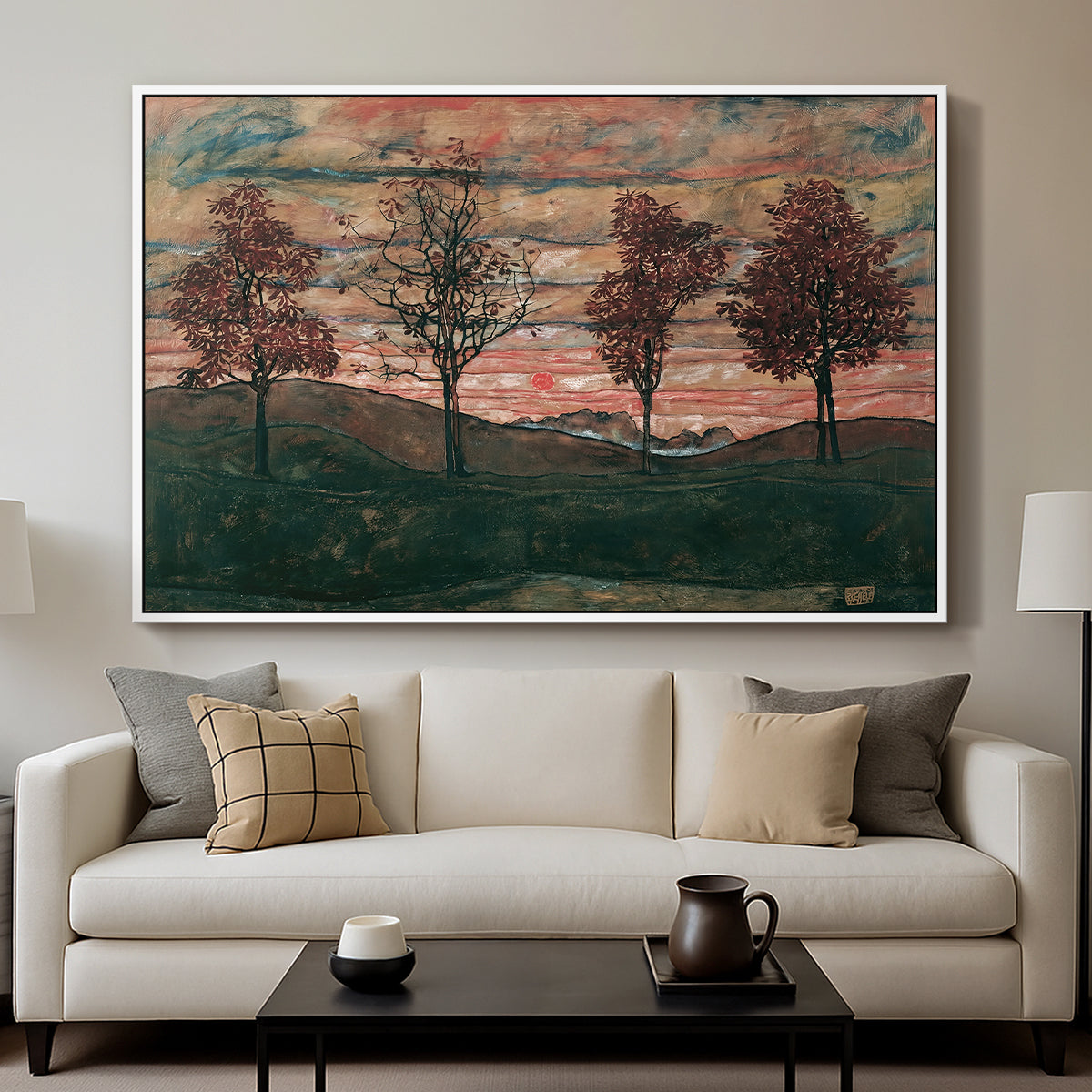 Four Trees, 1917 by Egon Schiele displayed in a white floater framed canvas above a sofa in a clean living room.