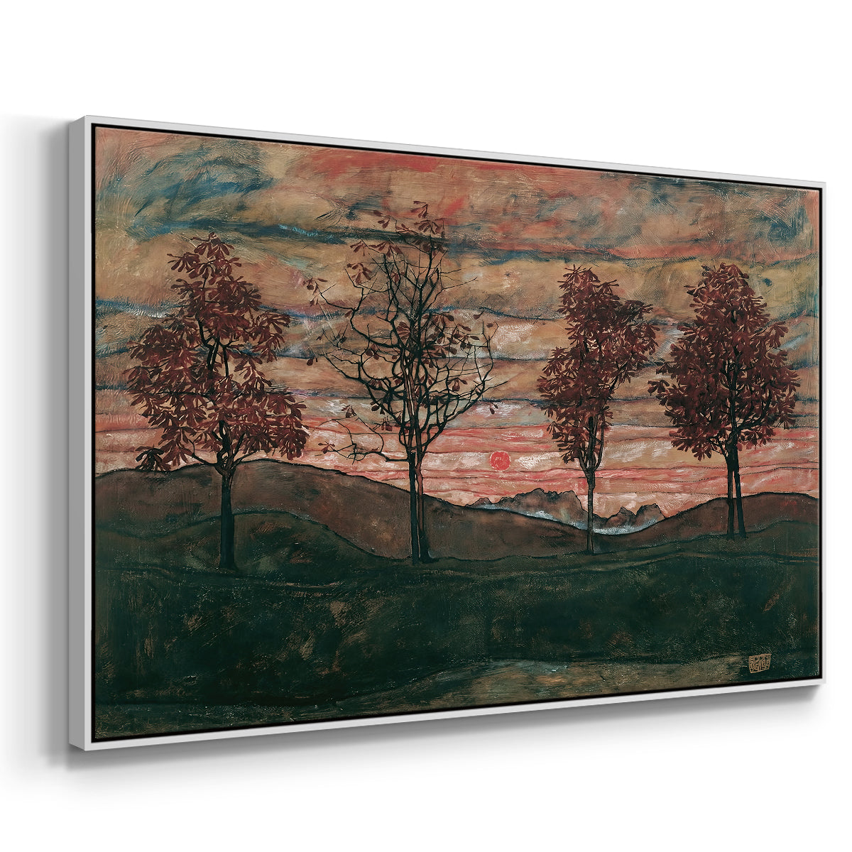 Angled view of Four Trees, 1917 by Egon Schiele in a white floater framed canvas.
