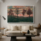 Four Trees, 1917 by Egon Schiele as a white floater framed canvas featuring four trees standing in open landscape against colorful sky, displayed above a sofa in a modern living room.