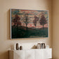 White floater framed canvas of Four Trees, 1917 by Egon Schiele, featuring a minimal landscape with grouped trees and expressive color above a console cabinet in a minimalist entryway.