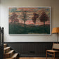 White floater framed canvas featuring an expressionist landscape featuring isolated trees in field, displayed in a hallway near a staircase.