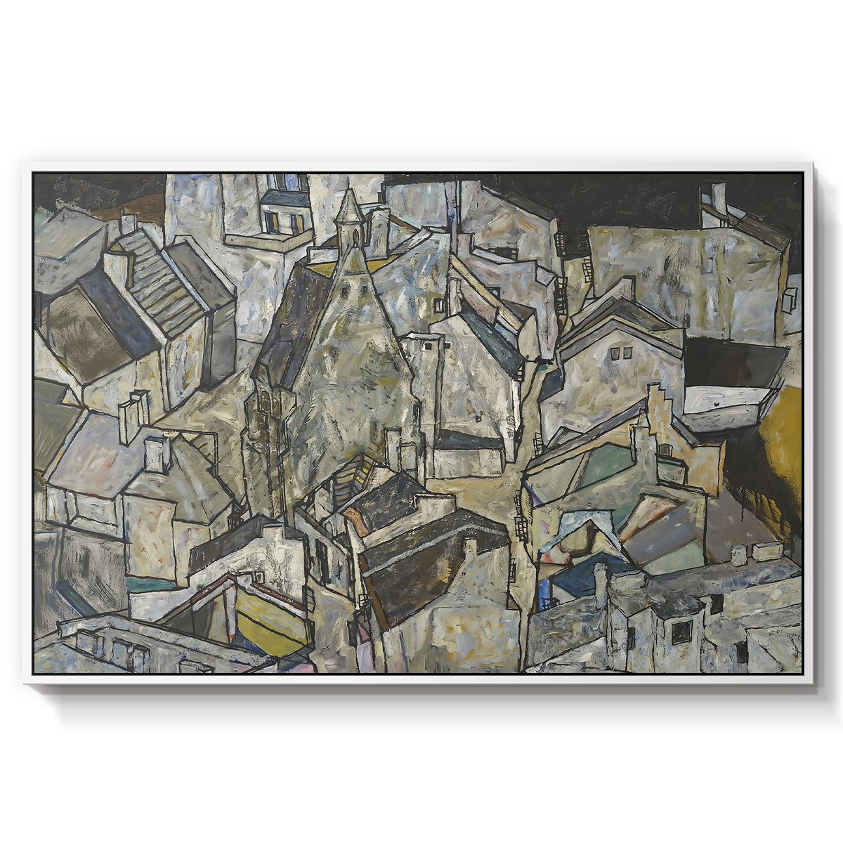 Mödling II, 1918 by Egon Schiele in a white floater framed canvas wall art display.