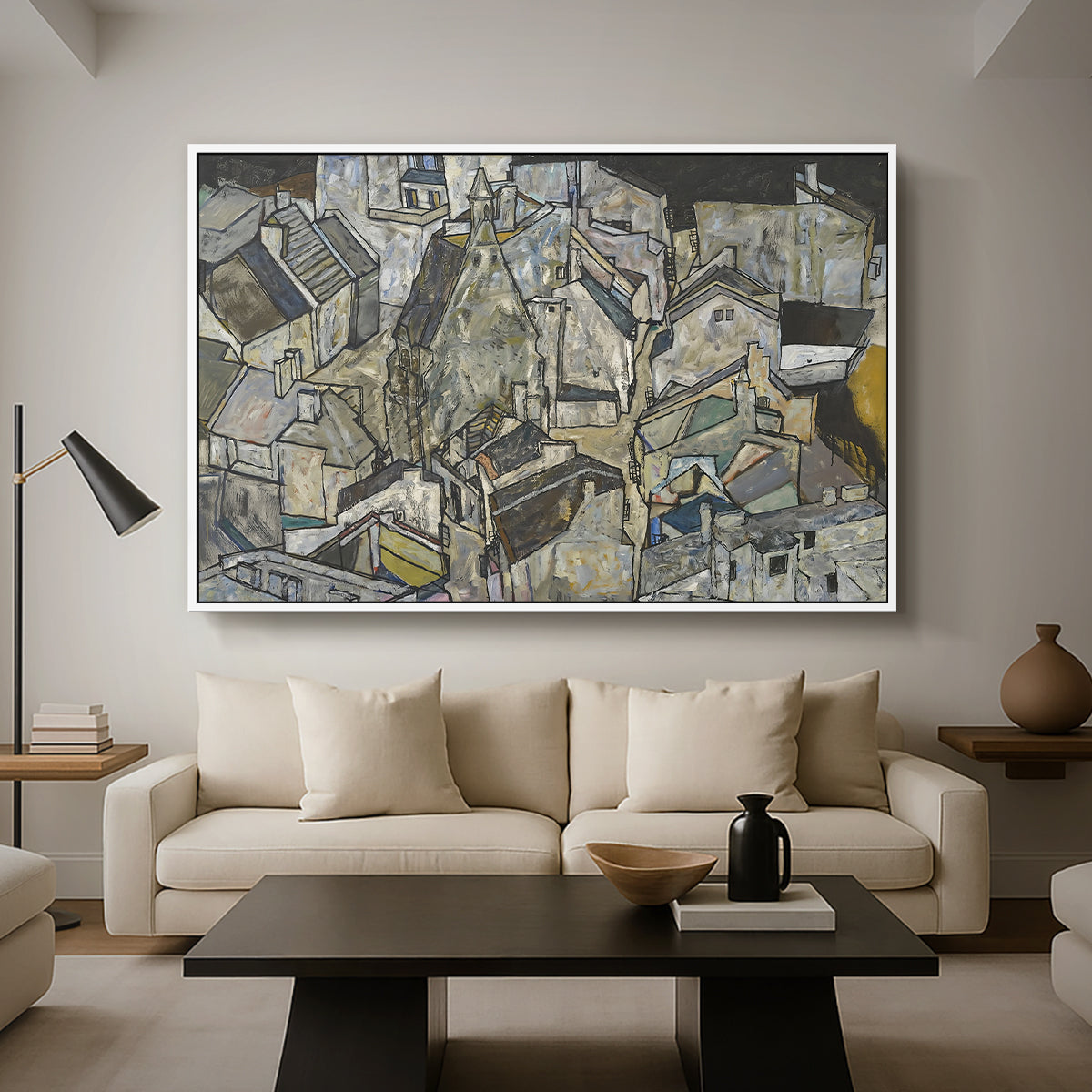 Mödling II, 1918 by Egon Schiele as a white floater framed canvas featuring clustered geometric houses forming dense urban landscape with sharp angles, displayed above a sofa in a modern living room.