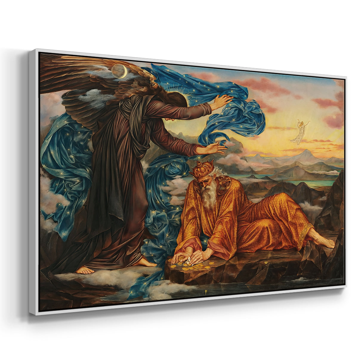 Angled view of Earthbound, 1897 by Evelyn De Morgan in a white floater framed canvas.