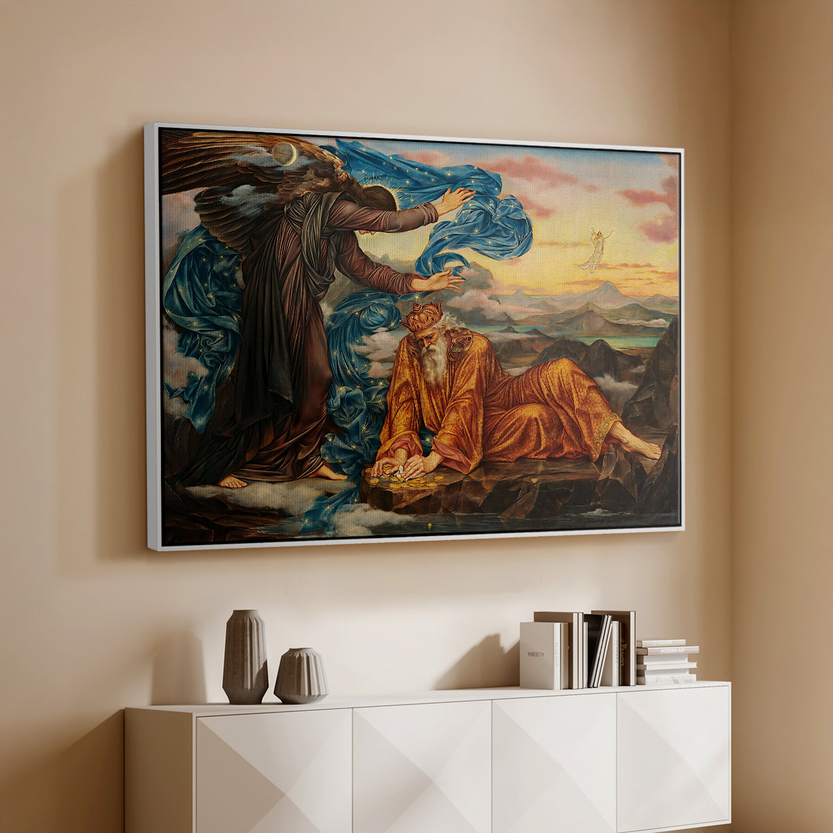 White floater framed canvas of Earthbound, 1897 by Evelyn De Morgan, featuring an allegorical scene with woman resting amid flowing drapery and landscape above a console cabinet in a minimalist entryway.