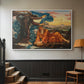White floater framed canvas featuring a classical-style figure lying in ornate, mystical environment, displayed in a hallway near a staircase.