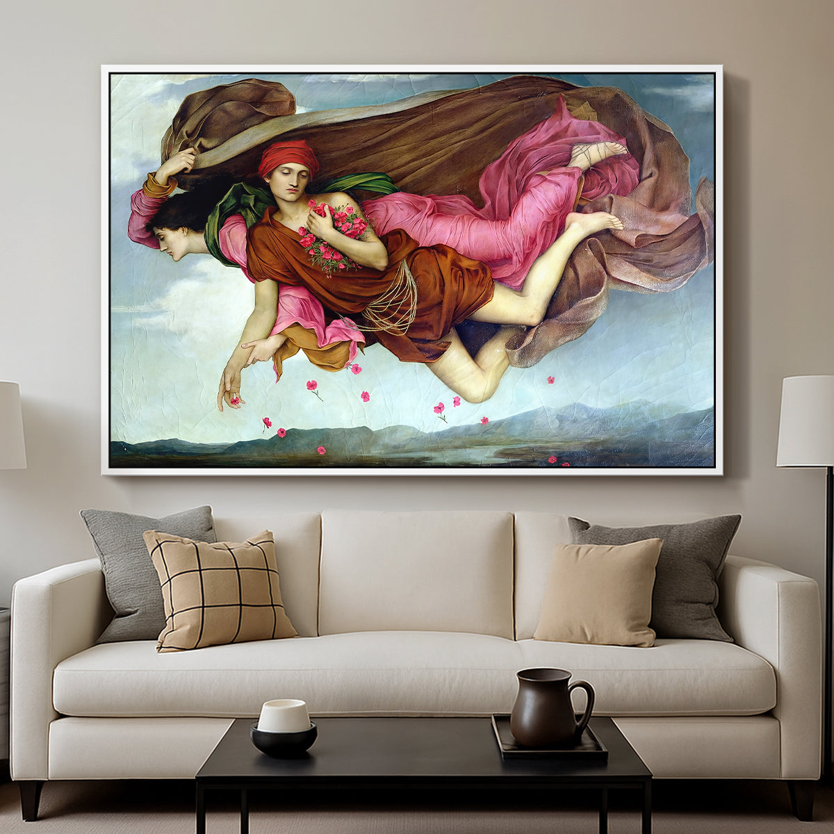 Night and Sleep, 1878 by Evelyn De Morgan displayed in a white floater framed canvas above a sofa in a clean living room.