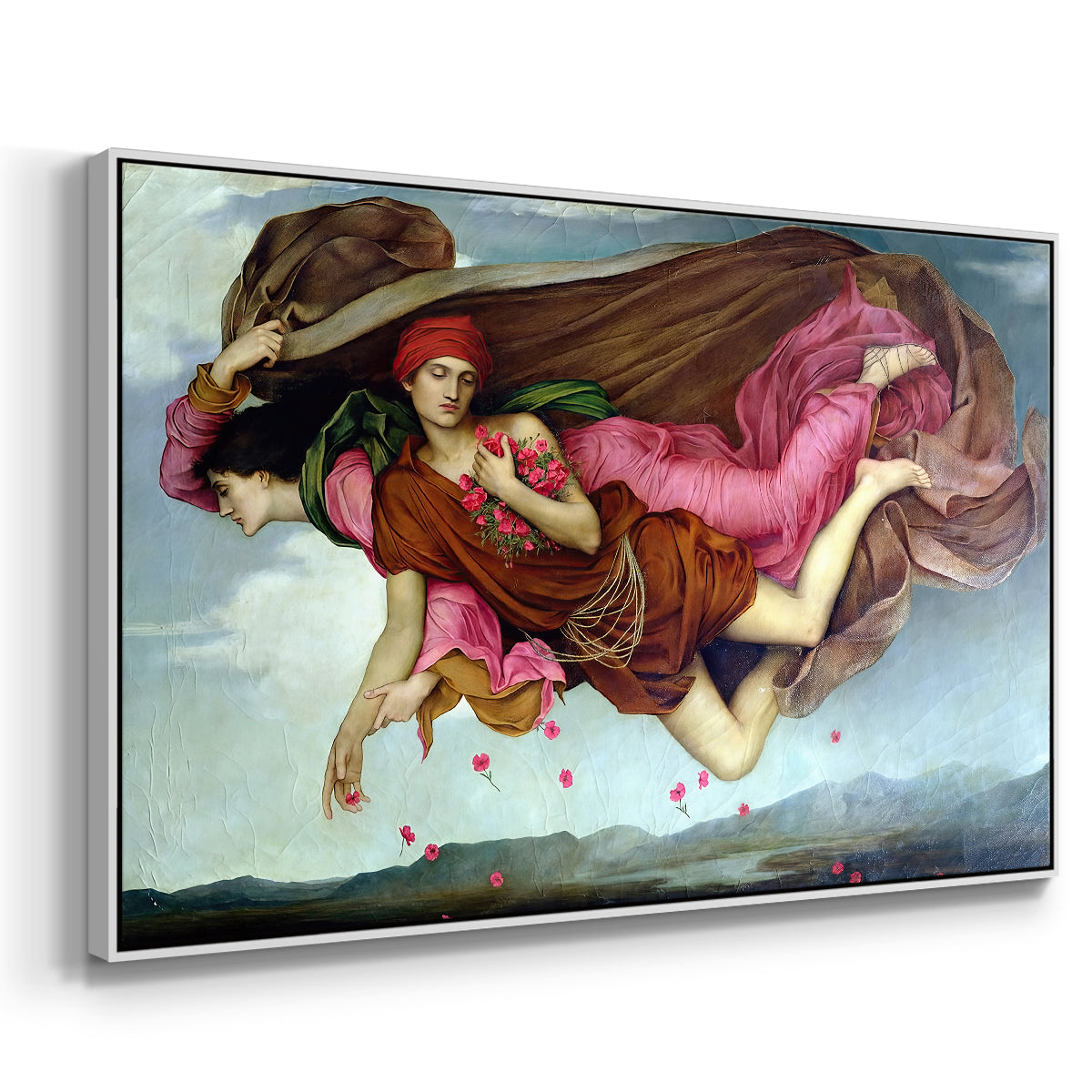 Angled view of Night and Sleep, 1878 by Evelyn De Morgan in a white floater framed canvas.