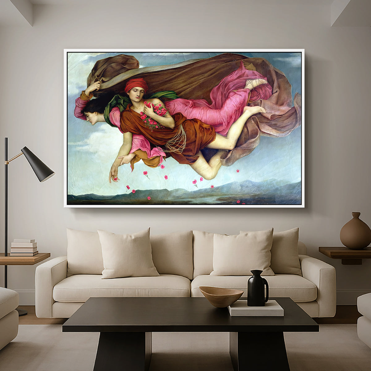 Night and Sleep, 1878 by Evelyn De Morgan as a white floater framed canvas featuring two intertwined female figures floating through dark sky representing night and sleep, displayed above a sofa in a modern living room.