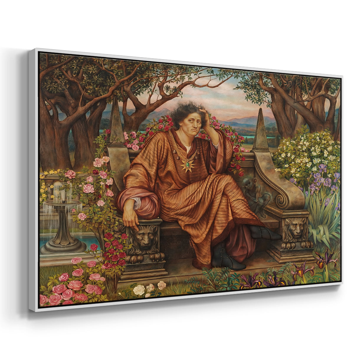 Angled view of A Soul in Hell, c. 1901-1902 by Evelyn De Morgan in a white floater framed canvas.
