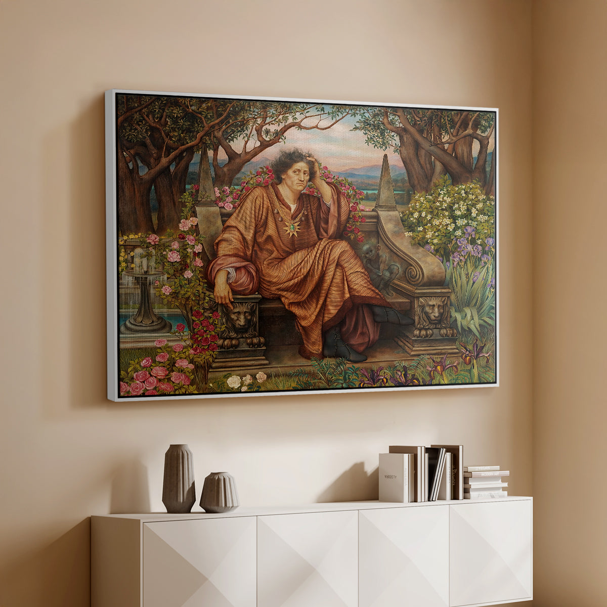 White floater framed canvas of A Soul in Hell, c. 1901-1902 by Evelyn De Morgan, featuring a dramatic allegory of suffering with figure engulfed in fiery environment above a console cabinet in a minimalist entryway.