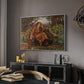 A Soul in Hell, c. 1901-1902 by Evelyn De Morgan in a white floater framed canvas featuring a symbolic depiction of soul in anguish amid chaotic forms, displayed above a desk in a dark home office interior.