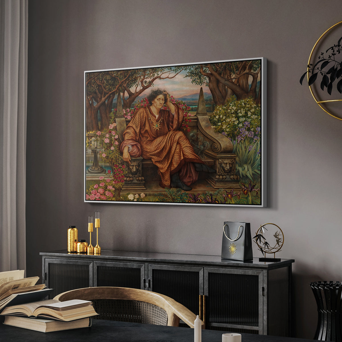 A Soul in Hell, c. 1901-1902 by Evelyn De Morgan in a white floater framed canvas featuring a symbolic depiction of soul in anguish amid chaotic forms, displayed above a desk in a dark home office interior.