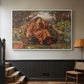 White floater framed canvas featuring an emotional scene representing torment and spiritual struggle, displayed in a hallway near a staircase.