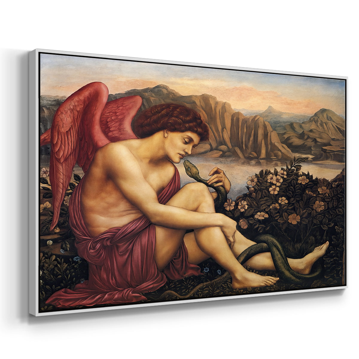 Angled view of The Angel with the Serpent, c. 1870-1875 by Evelyn De Morgan in a white floater framed canvas.