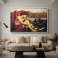 The Angel with the Serpent, c. 1870-1875 by Evelyn De Morgan as a white floater framed canvas featuring an angelic figure confronting serpent in symbolic battle of good and evil, displayed above a sofa in a modern living room.
