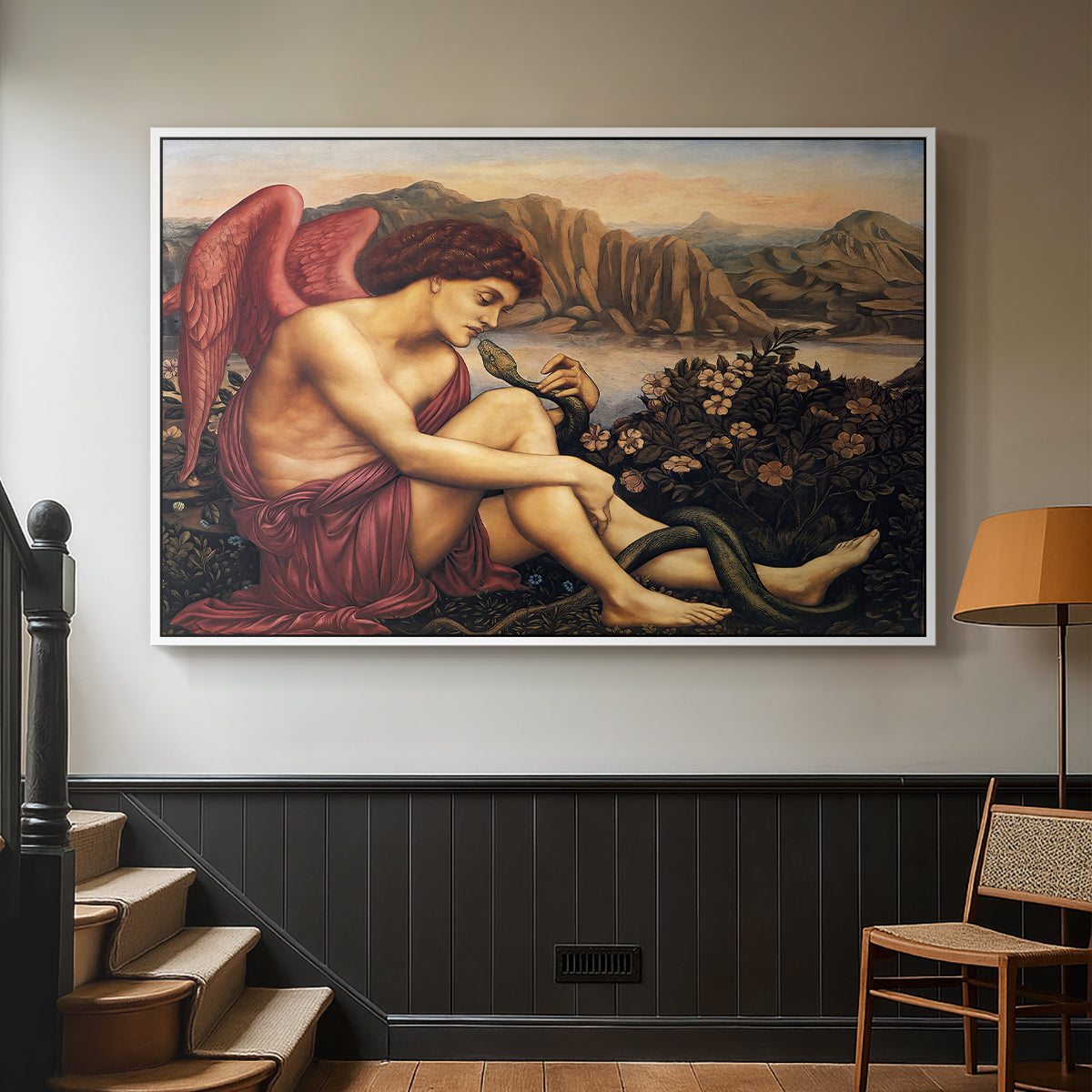 White floater framed canvas featuring a symbolic imagery of purity overcoming evil forces, displayed in a hallway near a staircase.