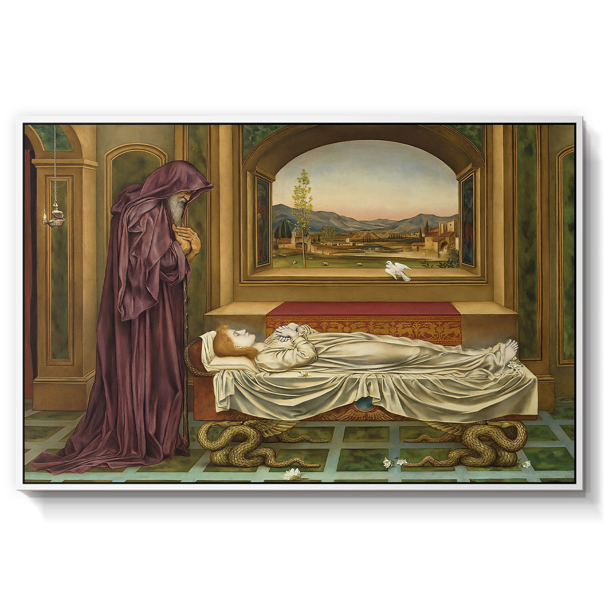 The Wandering Jew: Whom the Gods Love Die Young, 1888 by Evelyn De Morgan in a white floater framed canvas wall art display.