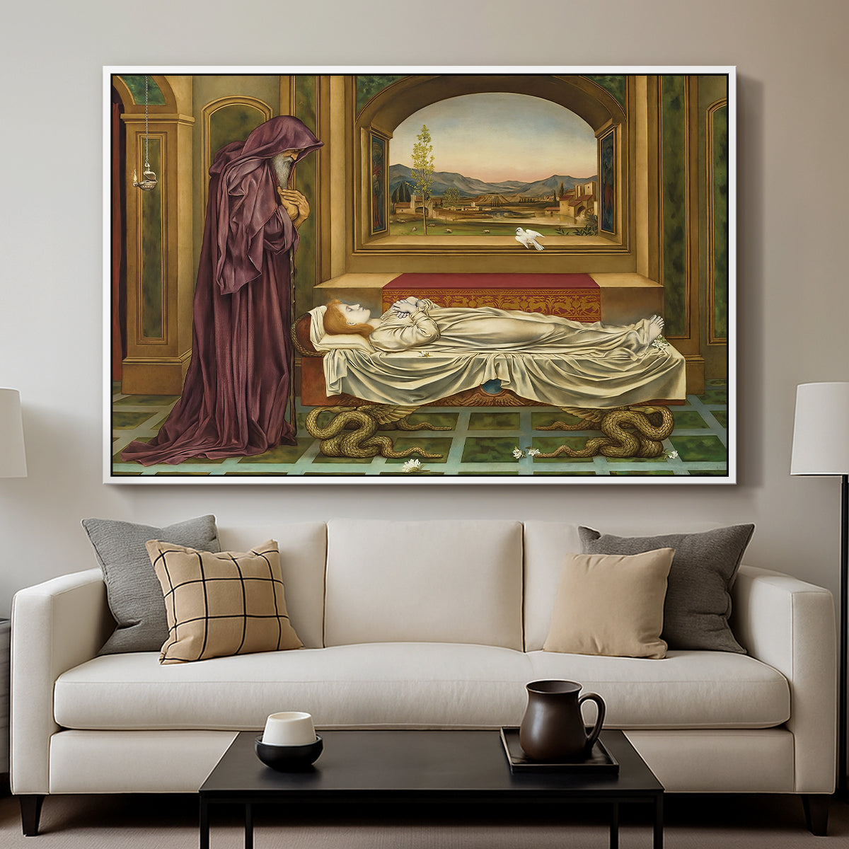The Wandering Jew: Whom the Gods Love Die Young, 1888 by Evelyn De Morgan displayed in a white floater framed canvas above a sofa in a clean living room.