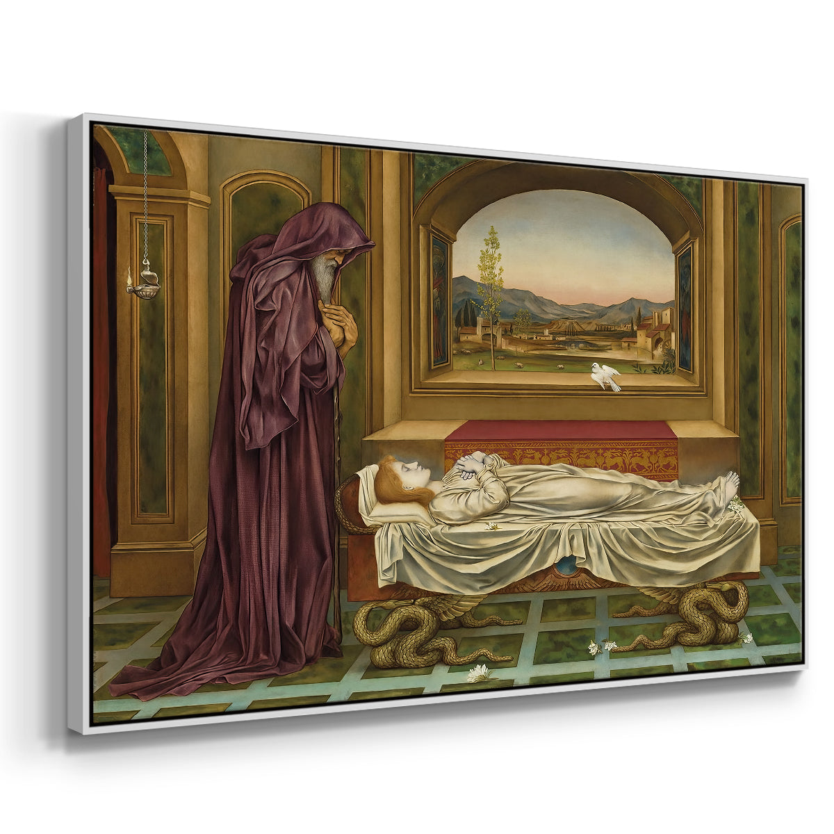 Angled view of The Wandering Jew: Whom the Gods Love Die Young, 1888 by Evelyn De Morgan in a white floater framed canvas.