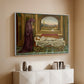 White floater framed canvas of The Wandering Jew: Whom the Gods Love Die Young, 1888 by Evelyn De Morgan, featuring a symbolic portrait of wandering figure in quiet architectural setting above a console cabinet in a minimalist entryway.