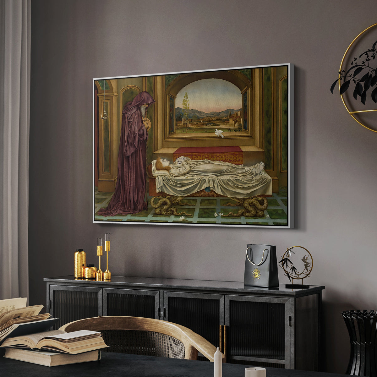 The Wandering Jew: Whom the Gods Love Die Young, 1888 by Evelyn De Morgan in a white floater framed canvas featuring an introspective scene with lone figure framed by interior elements, displayed above a desk in a dark home office interior.